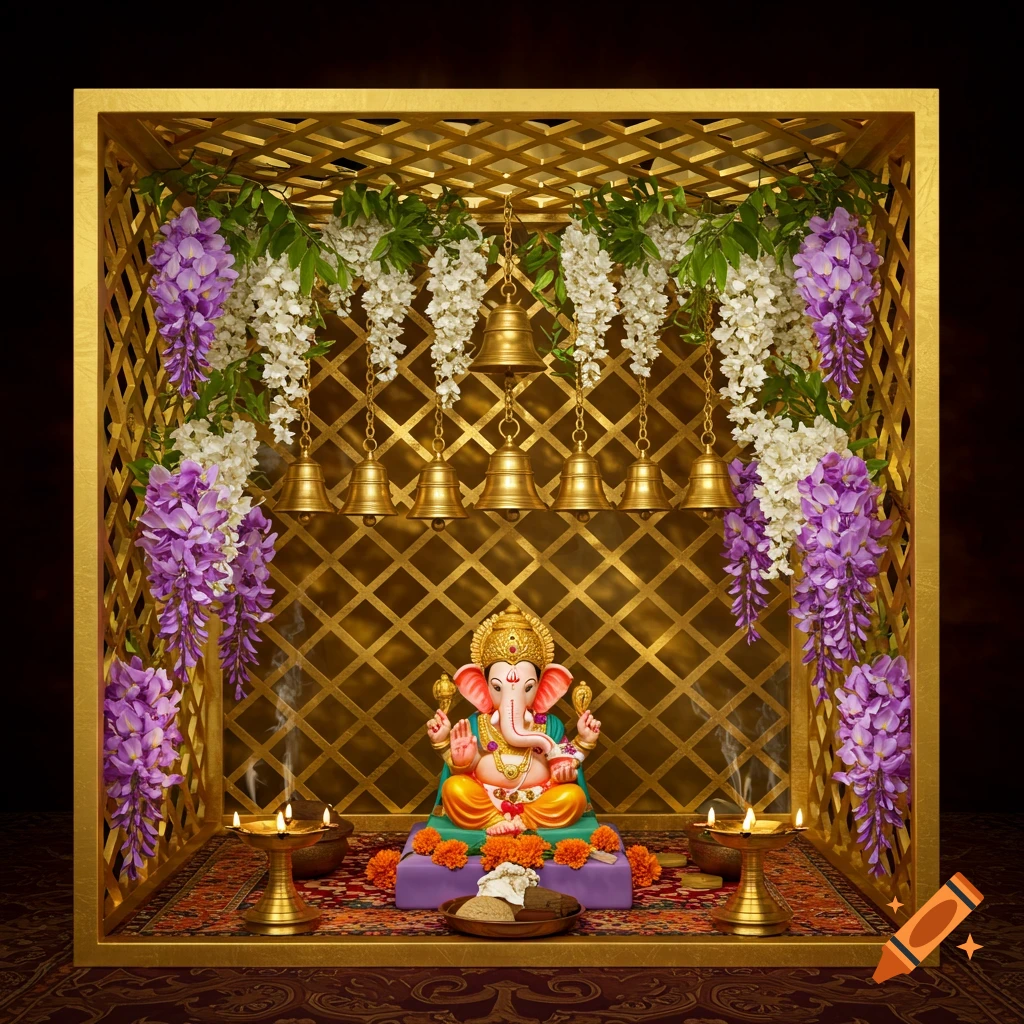 A colorful Ganesha idol sits on a purple cushion within a golden lattice frame, adorned with hanging bells and purple and white wisteria flowers, with burning oil lamps on either side.