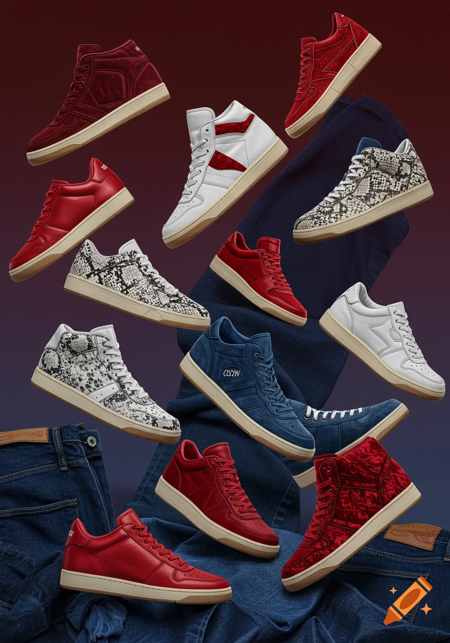 An assortment of red, white, blue, and snakeskin mid-top and low-top sneakers with gum soles, arranged on and around blue jeans against a dark background.