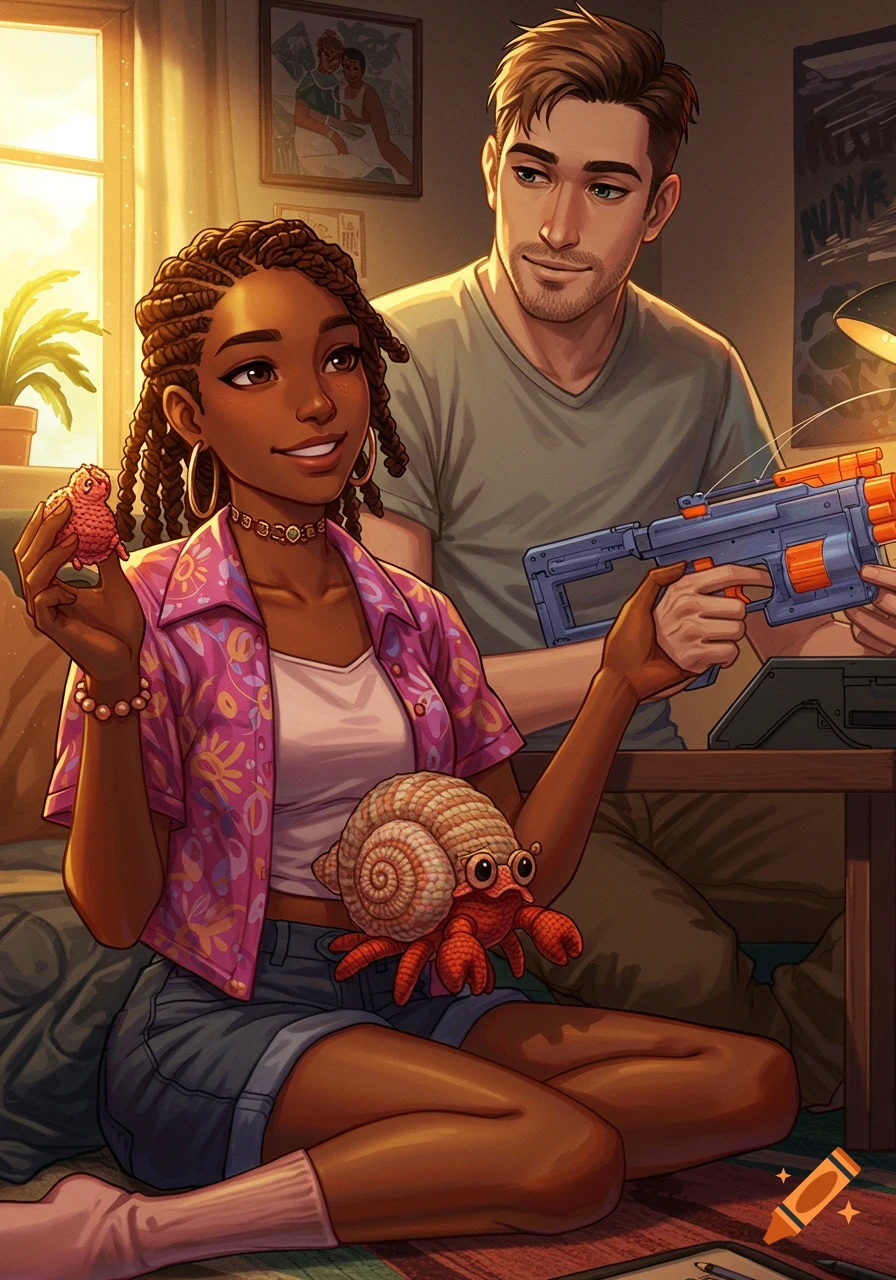 Anime illustration of a smiling Black woman holding a crochet hermit crab next to a white man holding a toy blaster.