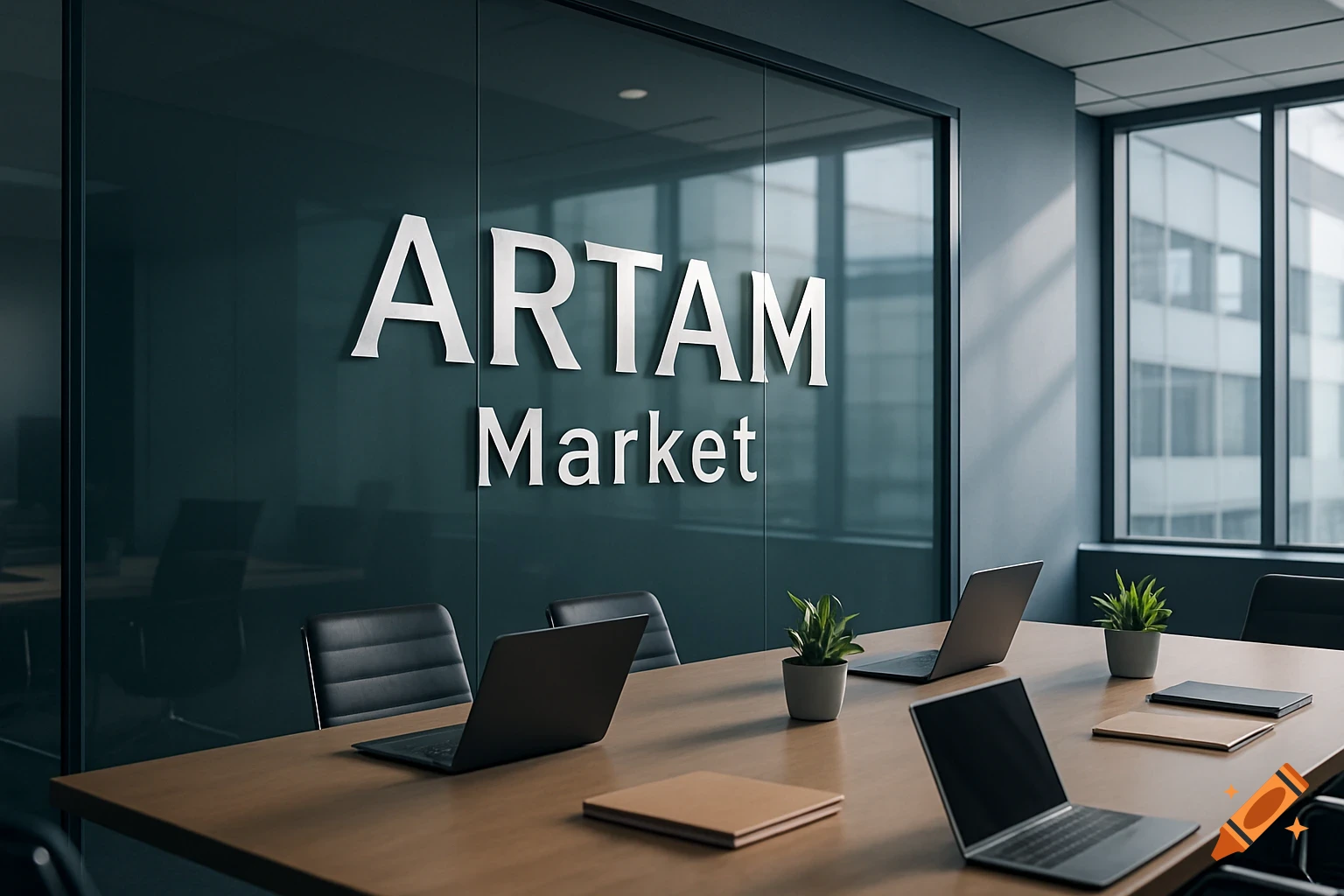 A modern office meeting room with a large table, laptops, and potted plants, featuring 'ARTAM Market' text on a glass wall.