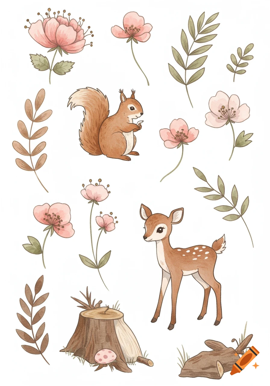 Watercolor style illustration of a squirrel, deer, flowers, leaves, and tree stumps on a white background.