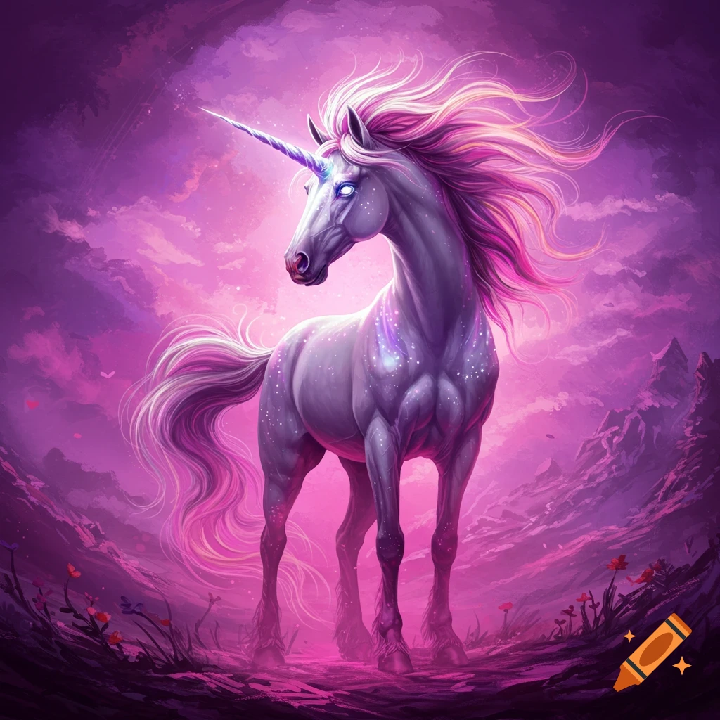 A majestic unicorn with a glowing horn and eyes stands in a vibrant purple and pink fantasy landscape with glowing flora and abstract clouds.