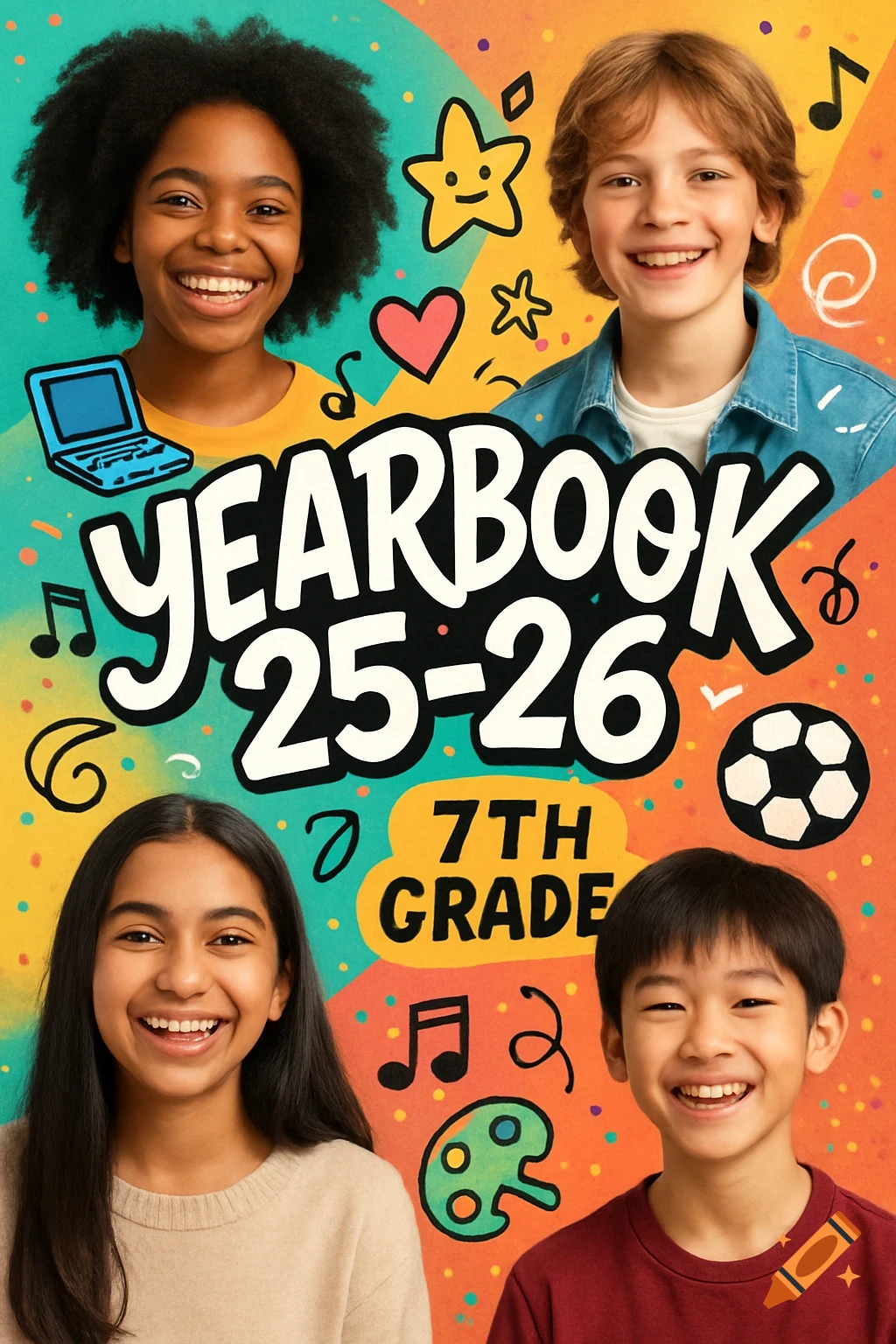 Four smiling children on a vibrant, colorful yearbook cover with text 'YEARBOOK 25-26' and '7TH GRADE' along with doodles.