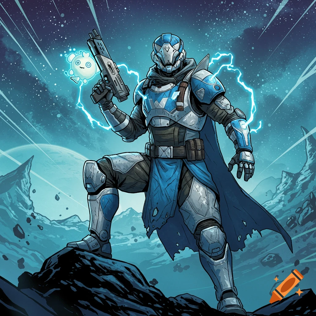 A blue and white armored sci-fi character holding a gun and a glowing creature, standing on a rocky alien planet with a celestial background in a comic book style.