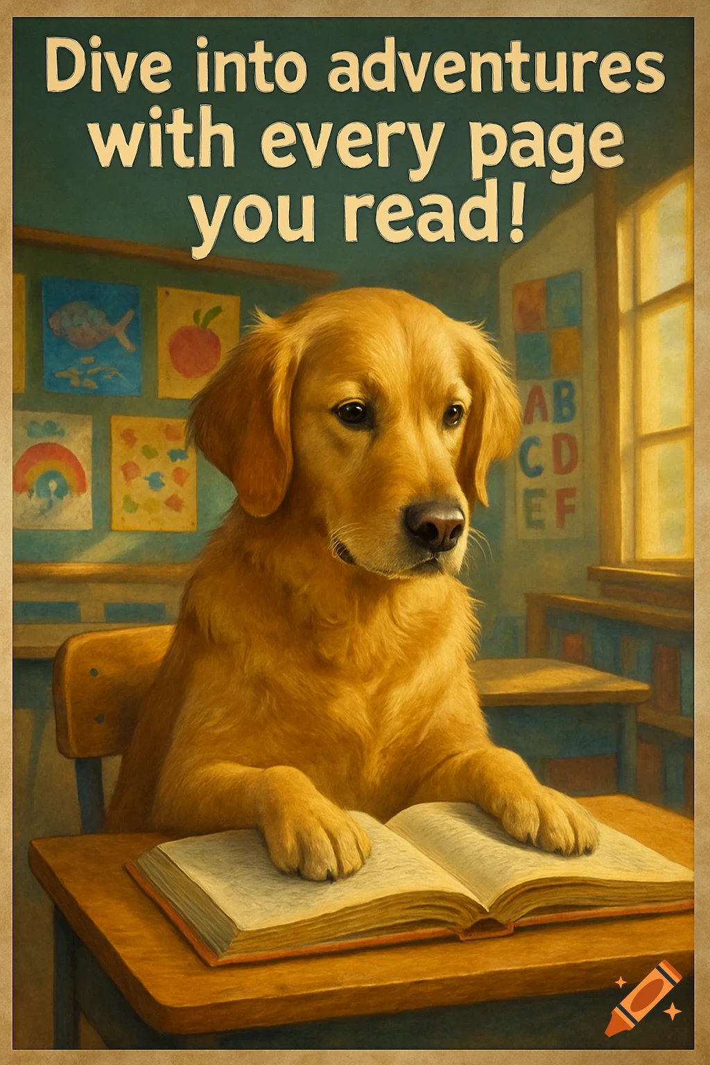 A golden retriever dog sits at a wooden desk in a classroom, with its paws resting on an open book. Text above reads "Dive into adventures with every page you read!". Student drawings and an alphabet chart are on the wall.