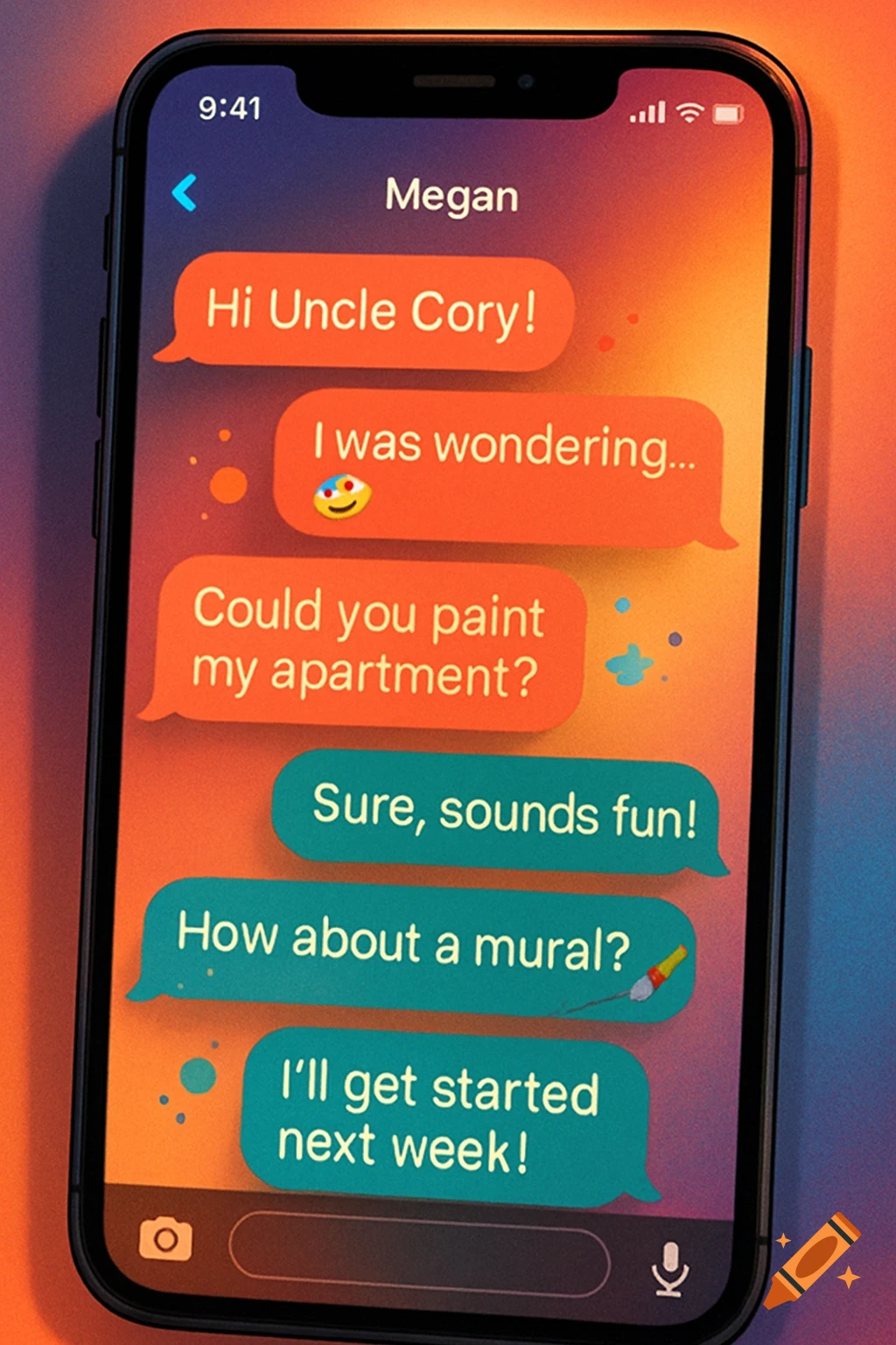 A smartphone displays a text conversation between Megan and Uncle Cory about painting an apartment.