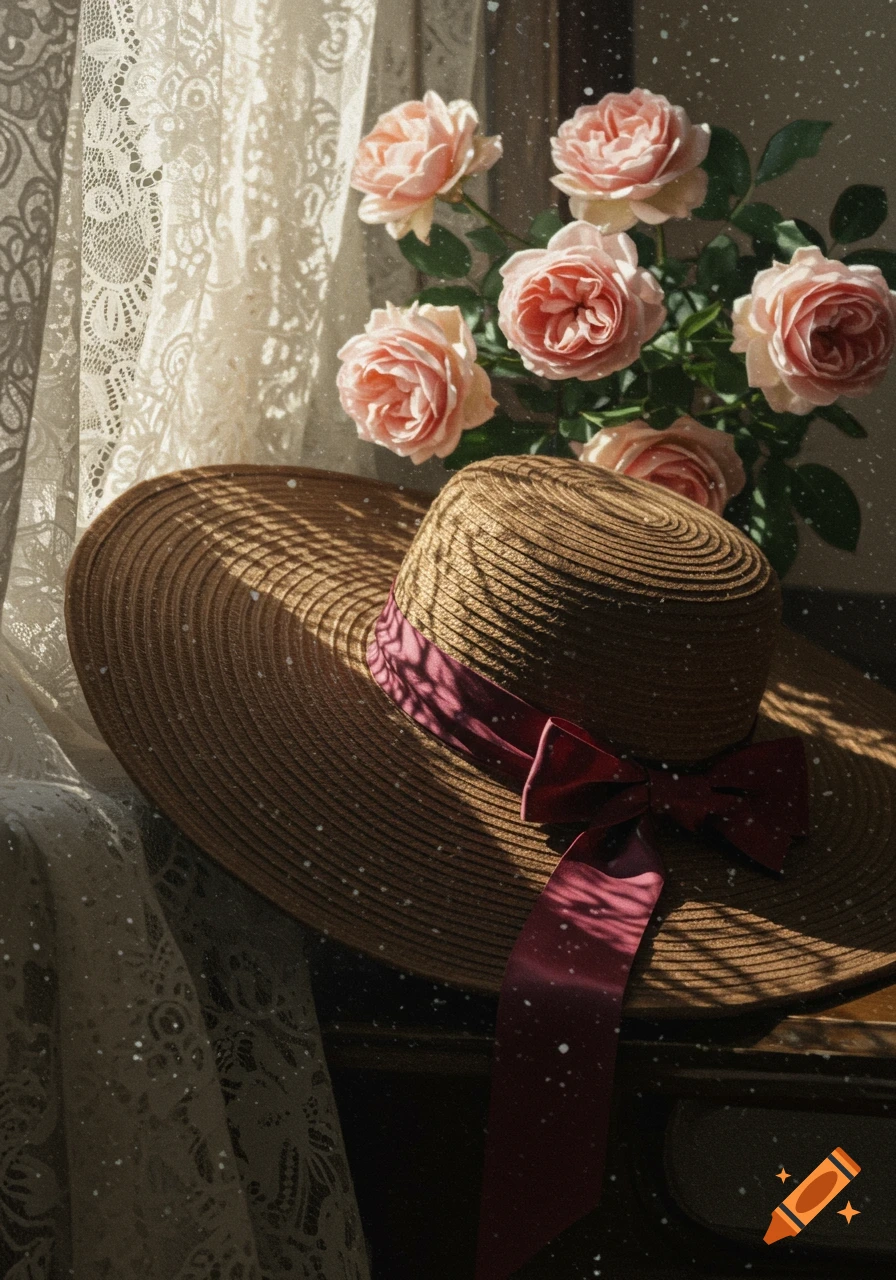 A straw sun hat with a red bow sits near a lace curtain and pink roses, bathed in dappled sunlight with floating dust.