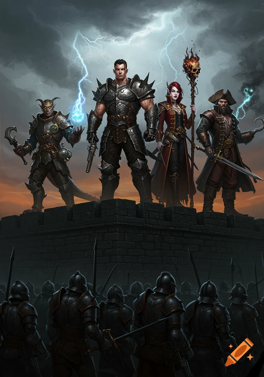 Five fantasy villains stand atop a dark castle wall, facing an army of black-armored infantry below, with lightning striking a stormy sky.
