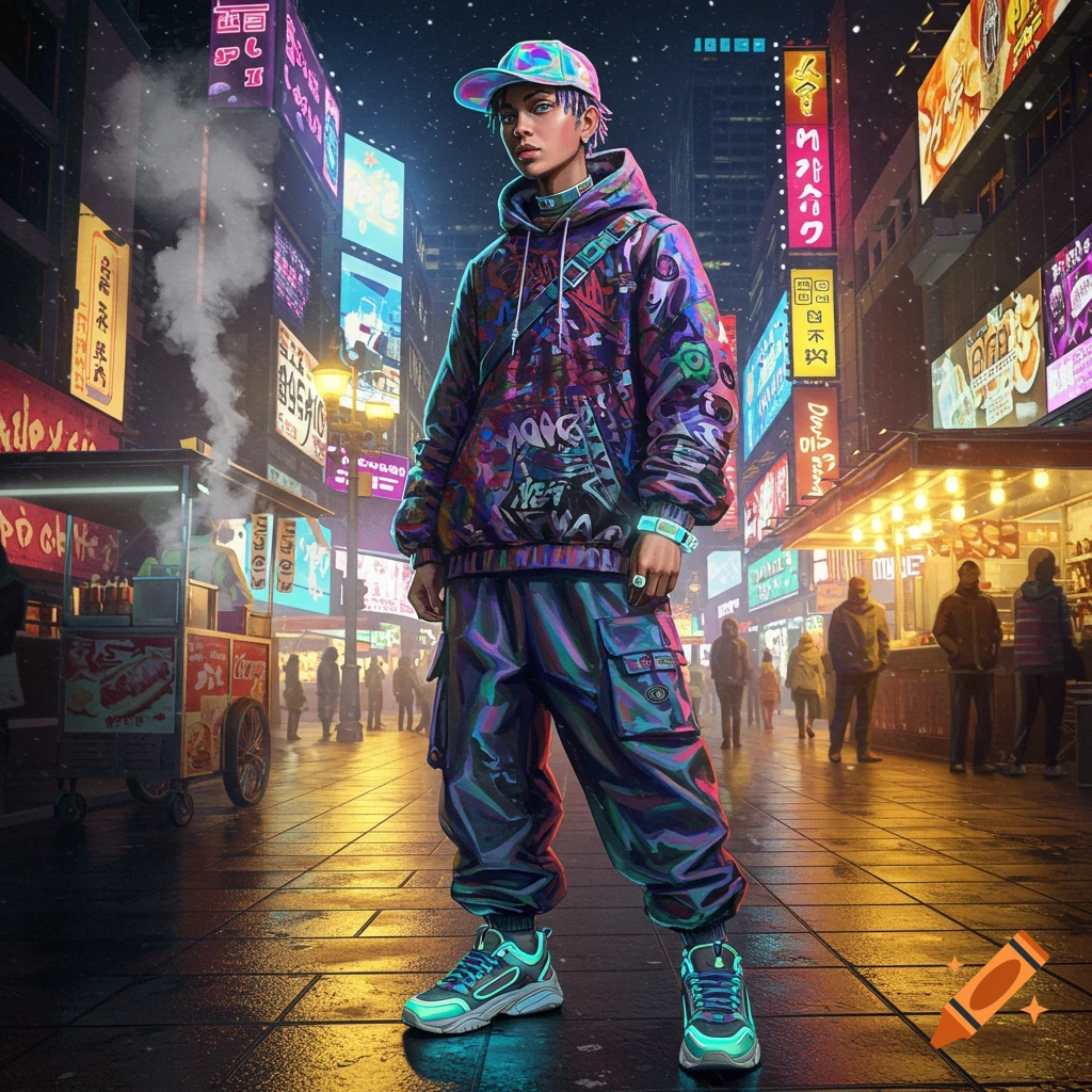 A person in vibrant, graffiti-print streetwear stands on a wet street at night amidst neon signs in a futuristic city.