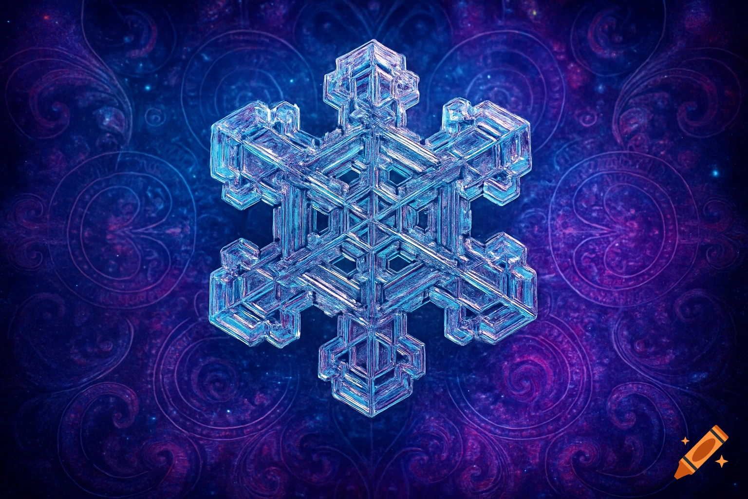 A crystalline, geometric snowflake-like structure floats in a vibrant blue and purple fractal background.
