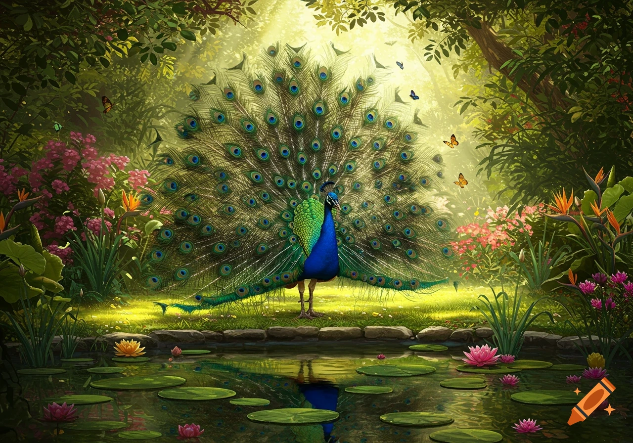 A vibrant peacock with fanned tail feathers stands by a pond in a sunlit, lush green forest with flowers and butterflies.