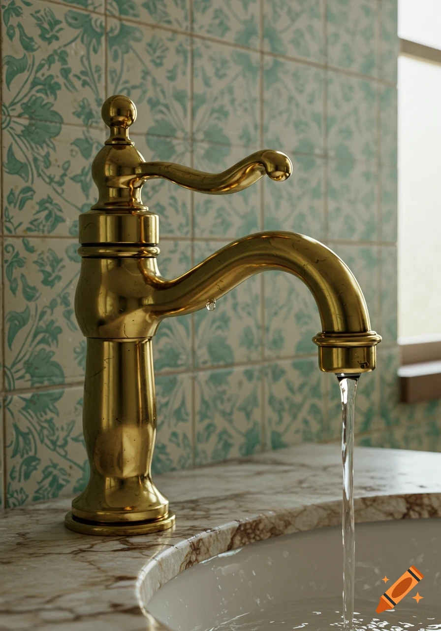 A close-up photorealistic shot of a shiny brass faucet with water running into a marble sink.