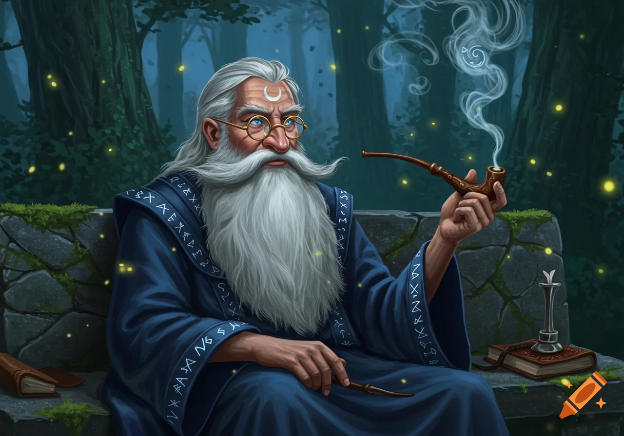 An old wizard with a long white beard and glasses, wearing a blue runic robe, smoking a pipe in a dark forest.
