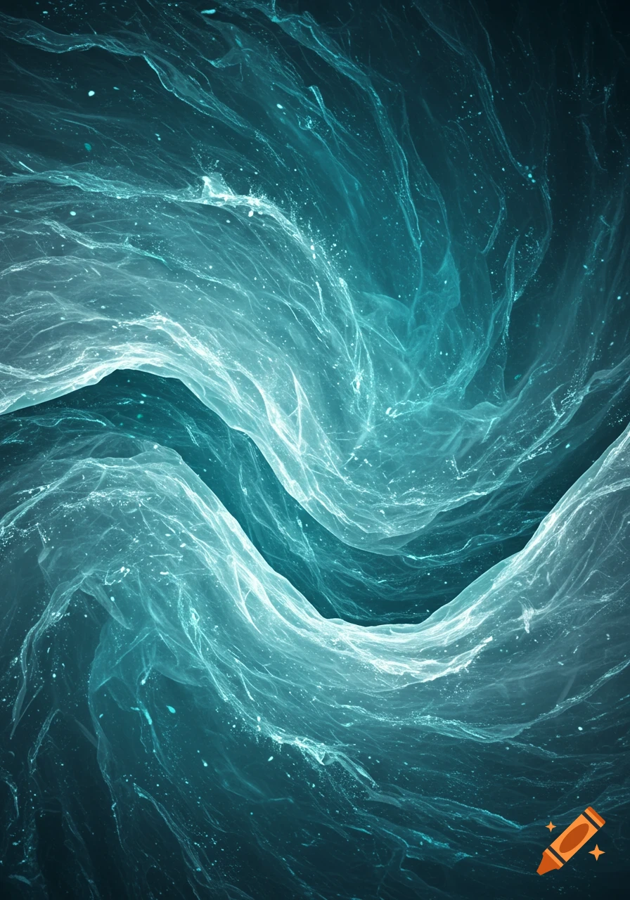 Abstract swirls of translucent blue and turquoise liquid with sparkling particles.