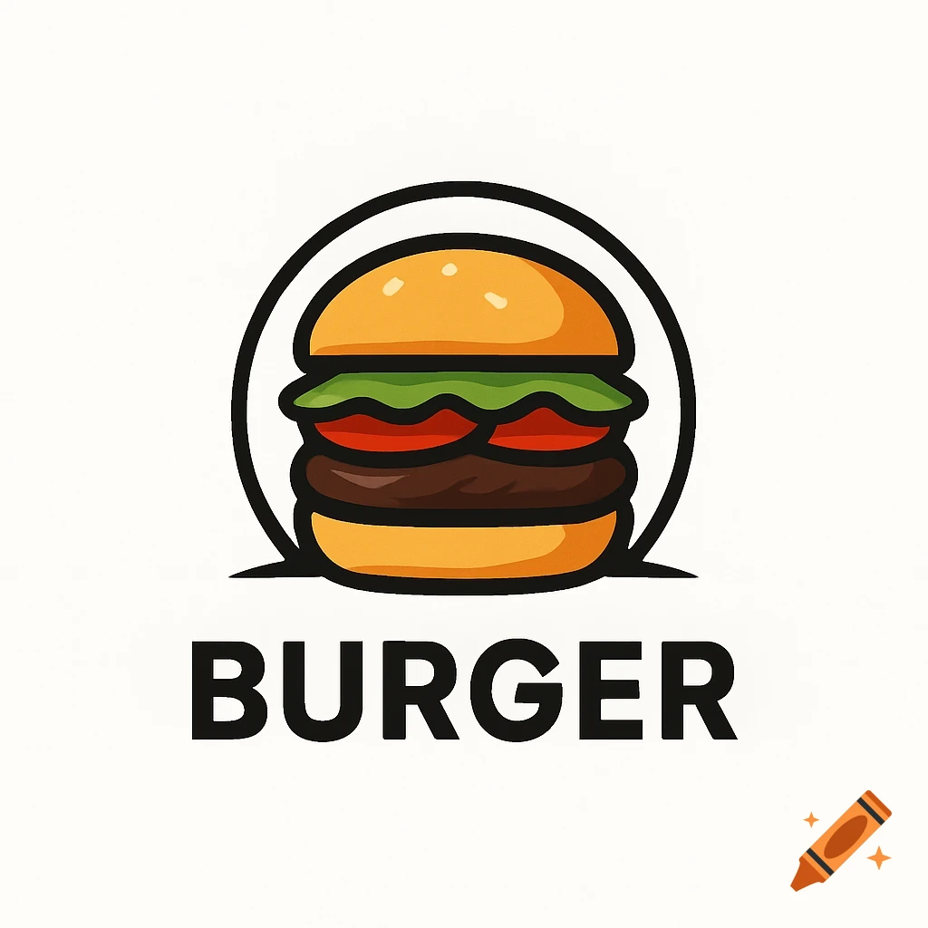Cartoon logo of a burger with a black outline, green lettuce, red tomatoes, and a brown patty, with the word BURGER below it on a white background.