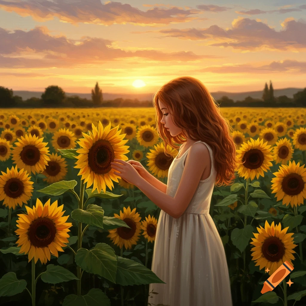 Red-haired girl in a white dress in a sunflower field at sunset, touching a flower. Digital art.