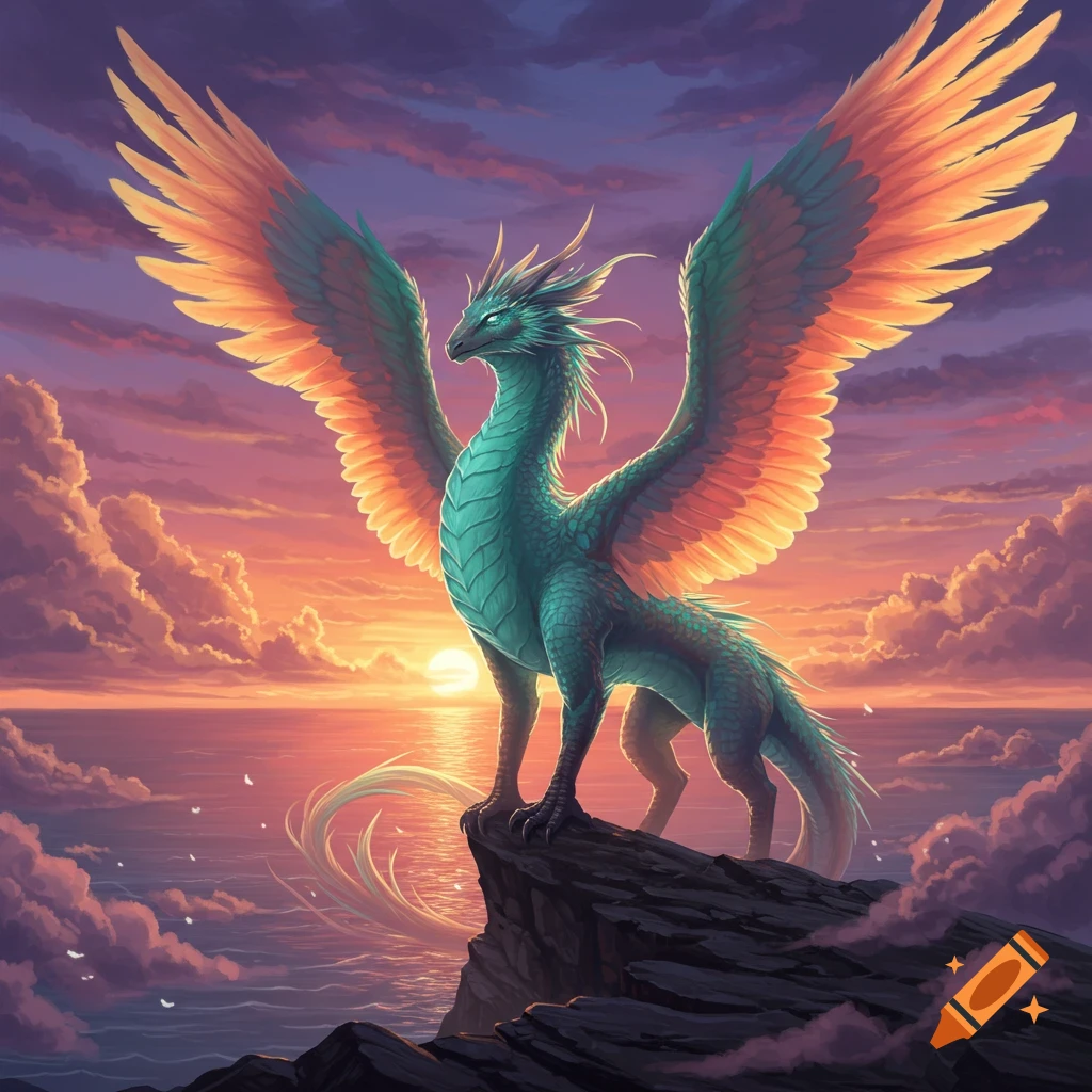 A majestic winged dragon-like creature with teal scales and orange wings stands on a cliff overlooking the ocean at sunset.