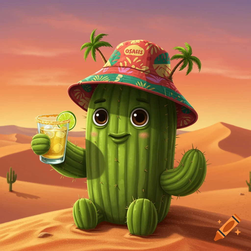 A cute cartoon cactus wearing a colorful bucket hat with palm trees, holding a drink with a lime slice, sitting in a desert landscape at sunset.