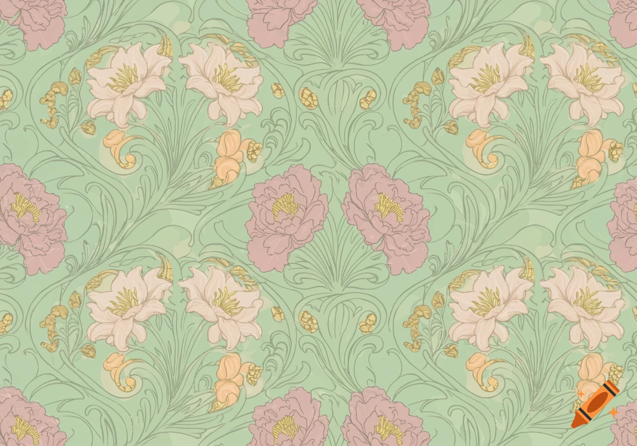 Art Nouveau seamless floral pattern with pink and cream flowers, green foliage, and gold accents on a light green background.