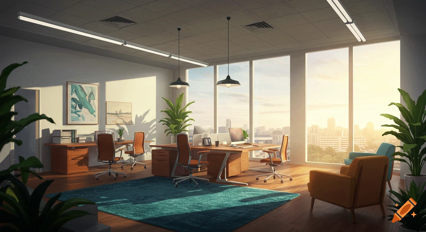 A modern office interior with large windows, wooden desks, and green plants, bathed in warm sunlight.