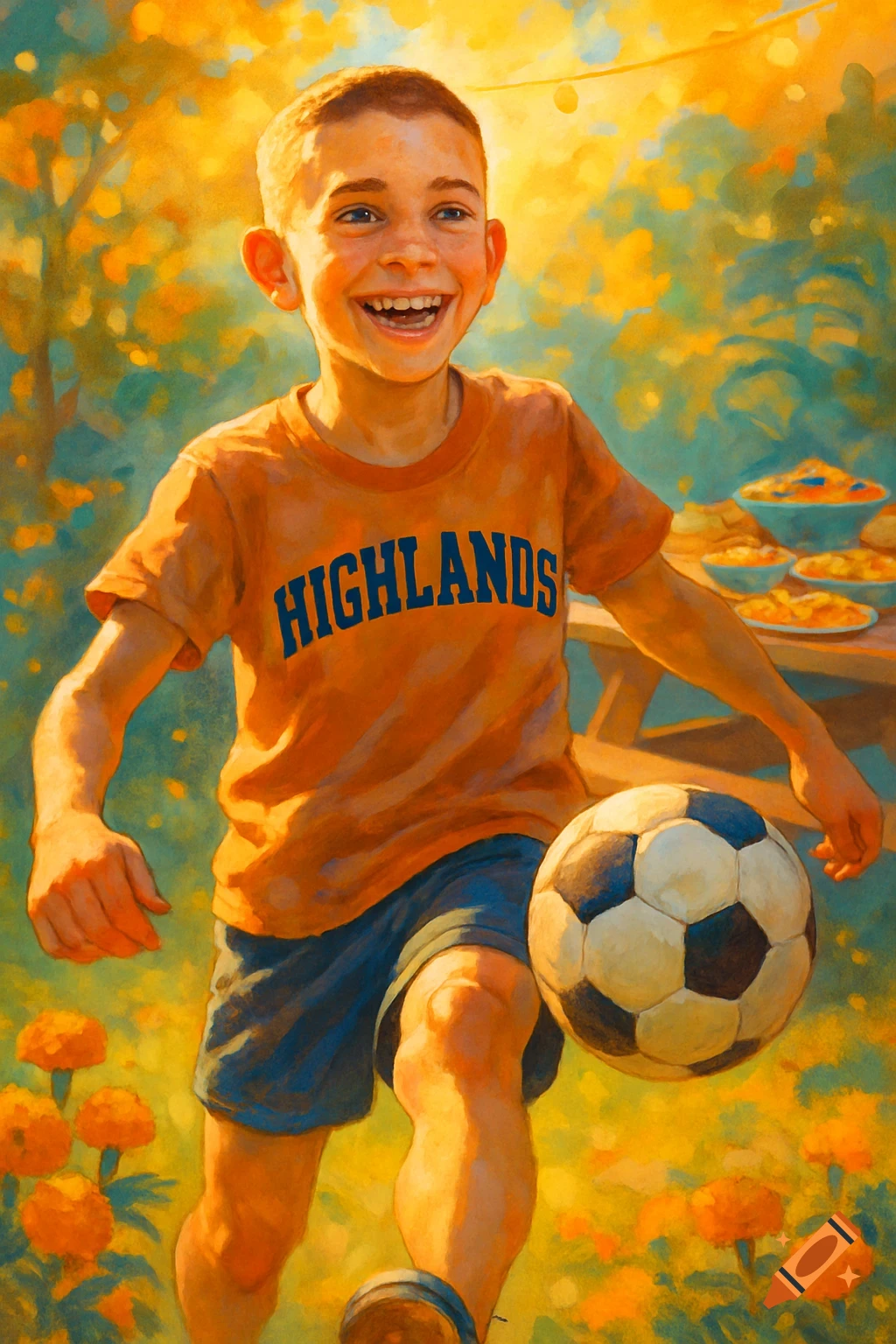 A smiling boy in an orange 'HIGHLANDS' shirt kicks a soccer ball in a sunny, painterly outdoor scene.