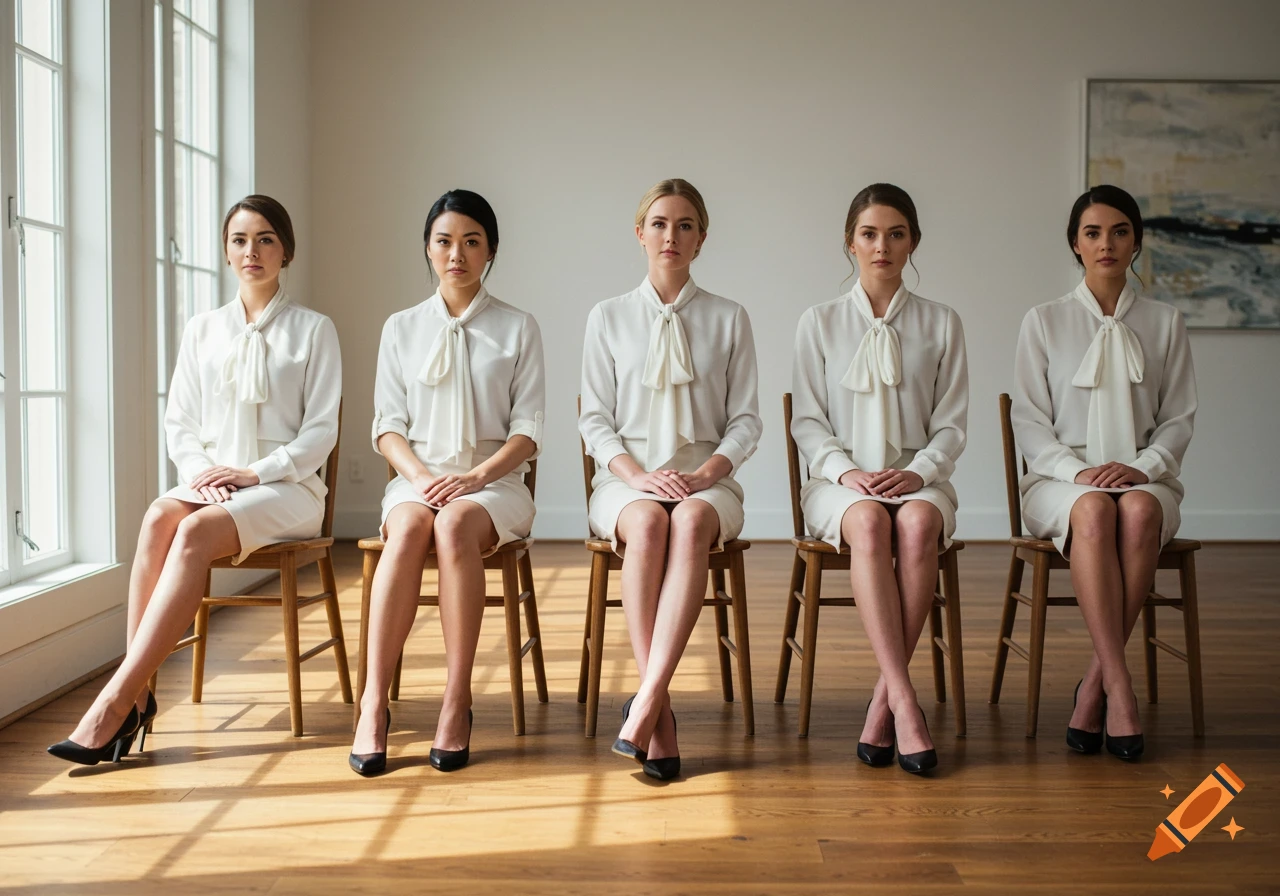 Five women in white blouses, skirts, and black heels sit side-by-side on wooden chairs in a brightly lit room with a large window, looking forward.