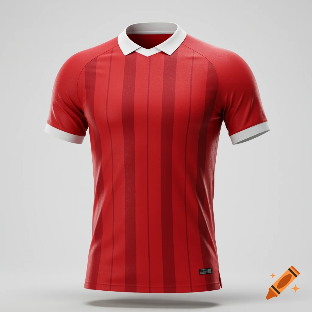 A red football shirt with dark red stripes, white collar, and white sleeve cuffs, on a light background.