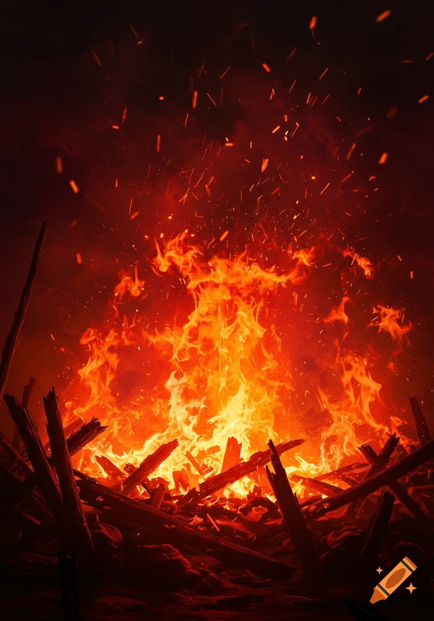 Large, vibrant bonfire with tall flames and glowing embers against a dark, smoky background.
