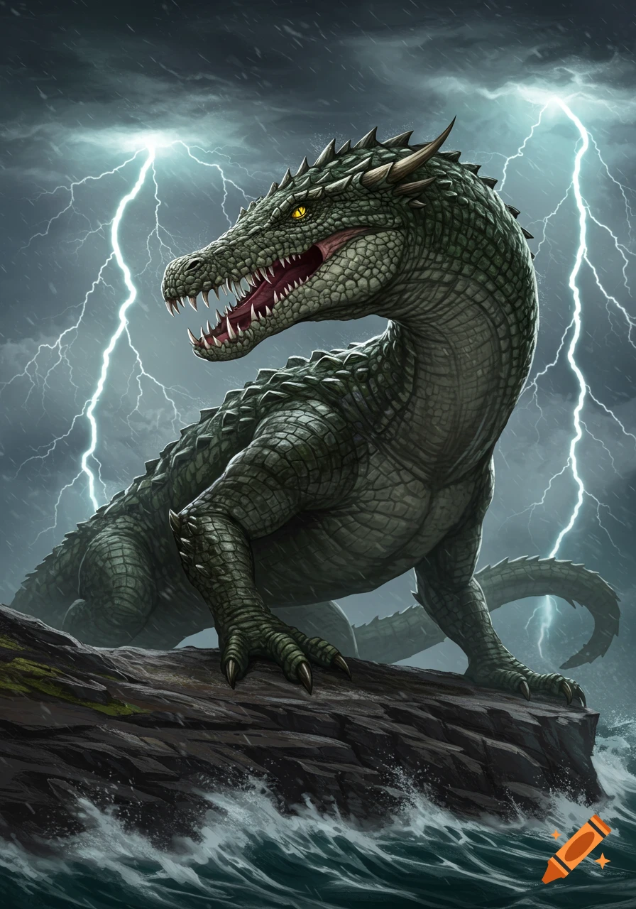 A fearsome green dragon with crocodilian features stands on a rocky shore during a lightning storm, water splashing below.