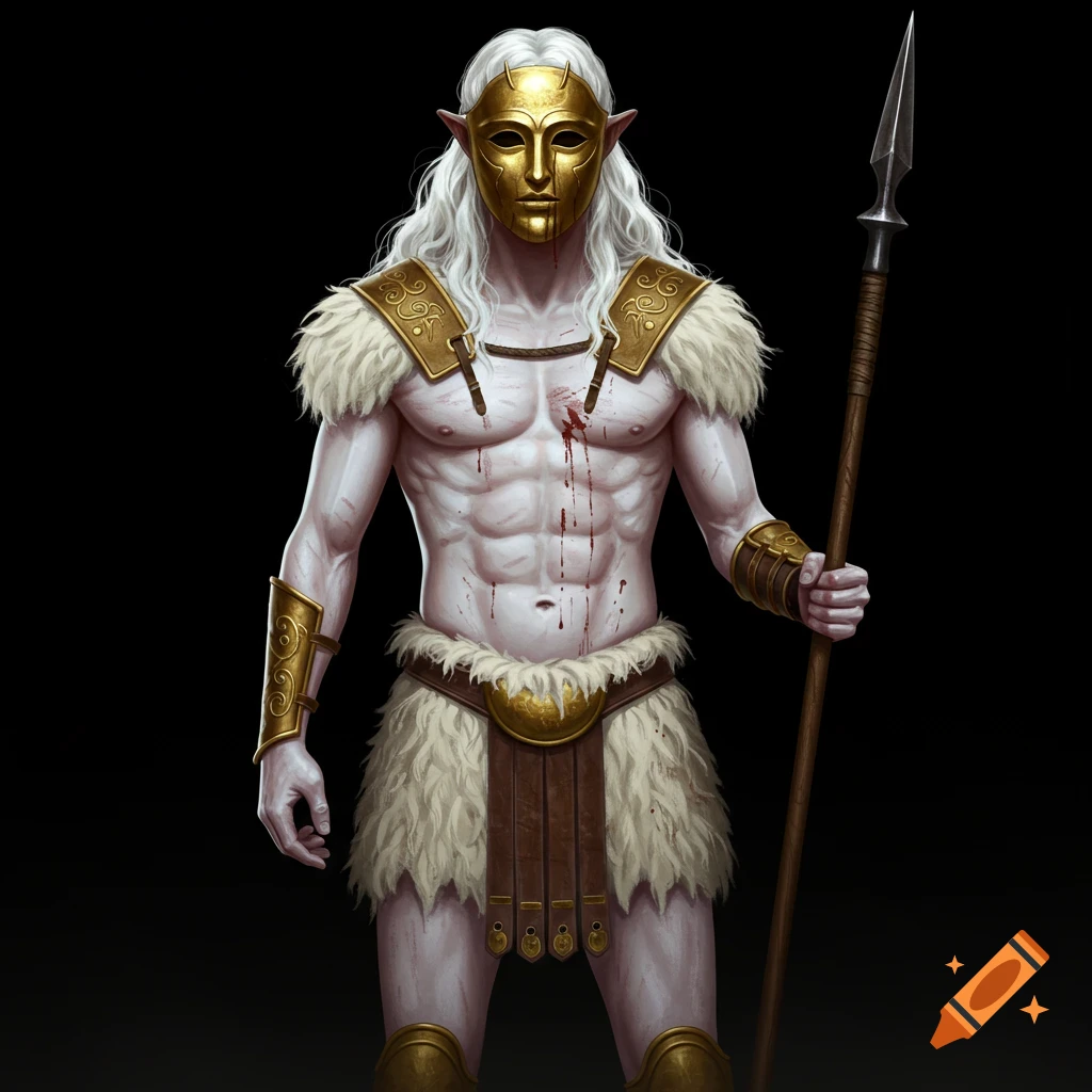 Stylized illustration of a pale-skinned male fantasy warrior with white hair, golden mask, fur and bronze armor, holding a spear, with blood on his chest.