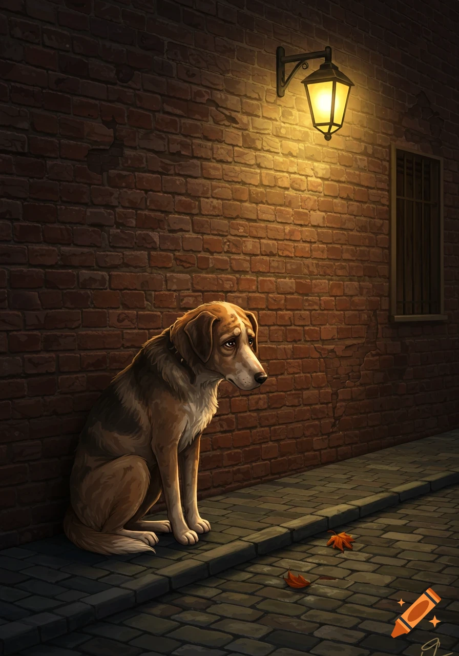 A sad dog sits on a cobblestone street beside a brick wall, illuminated by a glowing street lamp at night. Two fallen leaves are on the ground.