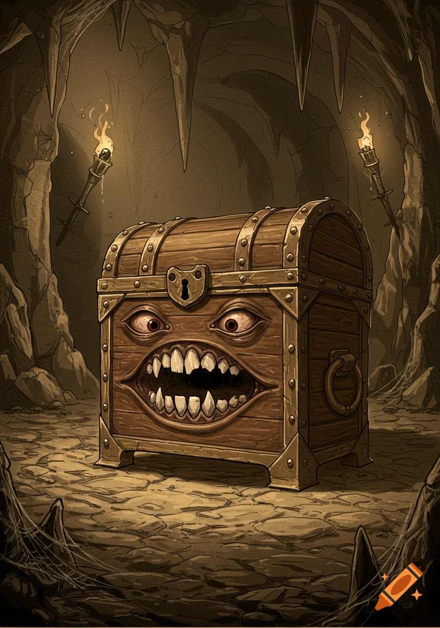 A monstrous mimic chest with glowing eyes and sharp teeth sits in a dark, torchlit cave in a vintage art style.