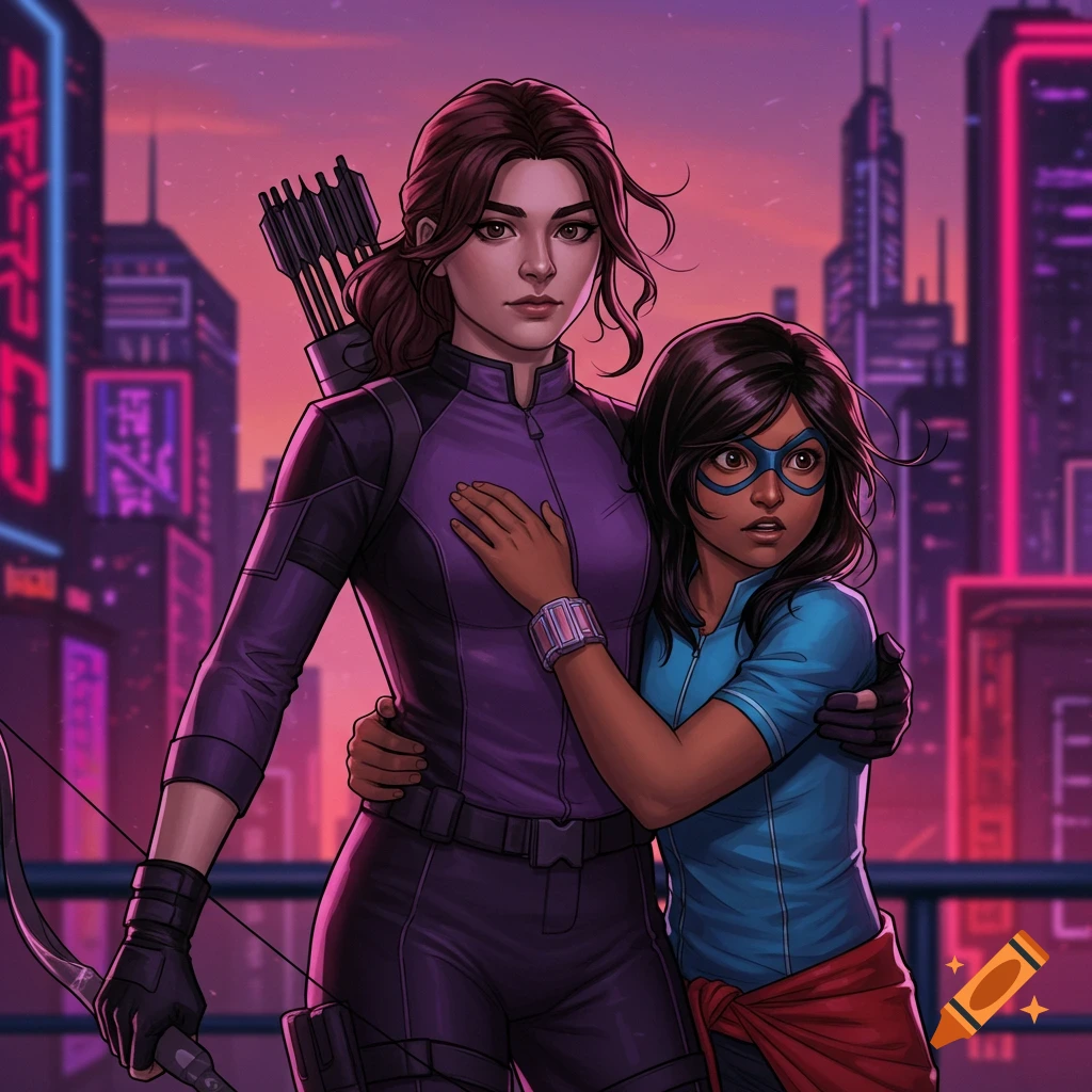 Kate Bishop and Kamala Khan in superhero costumes standing against a futuristic city skyline at sunset, in a comic book art style.