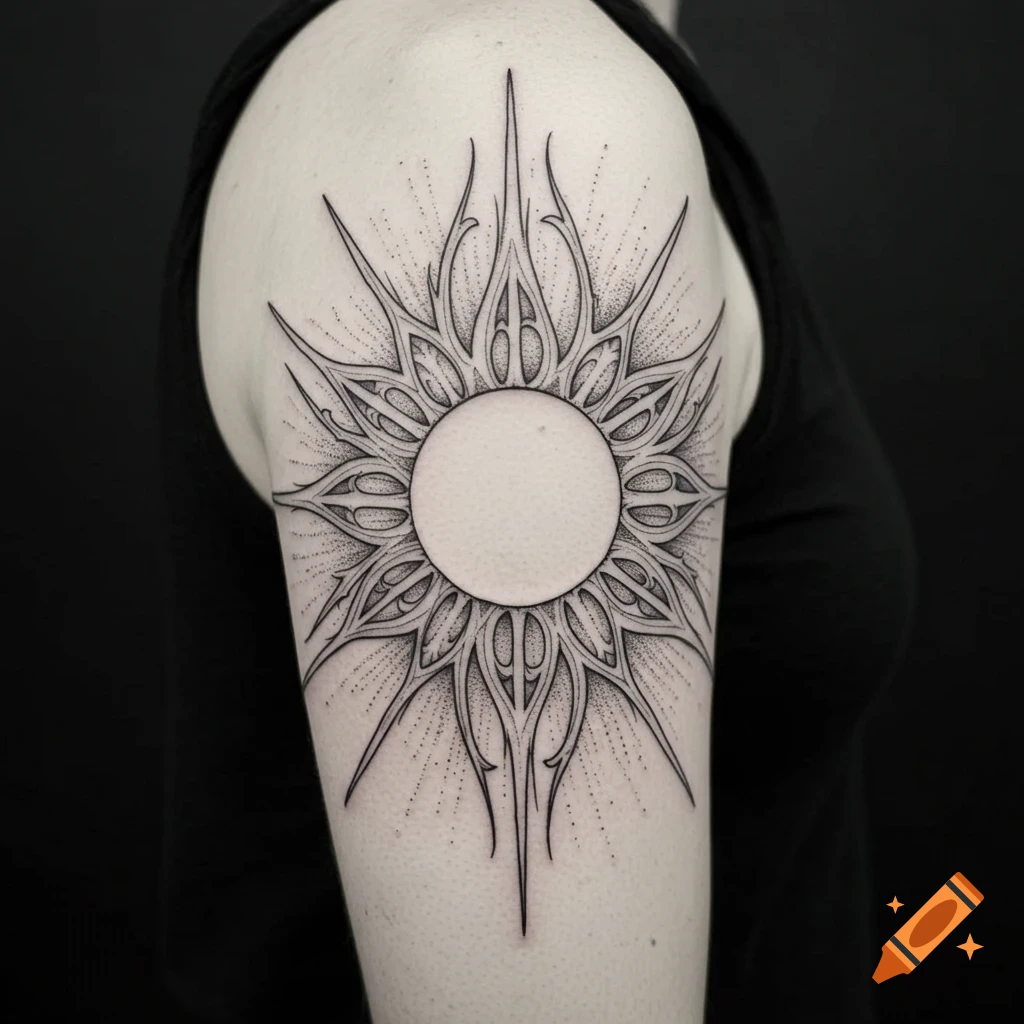 A detailed blackwork fine-line tattoo of a stylized sun or mandala with gothic-inspired spikes on an arm.