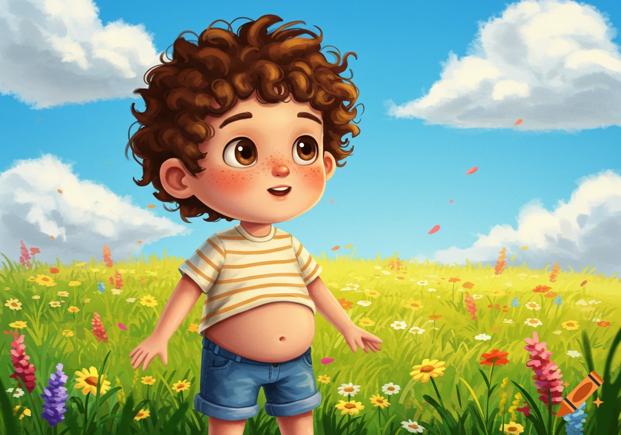 A cartoon boy with curly brown hair and freckles stands smiling in a vibrant flower field under a blue sky.