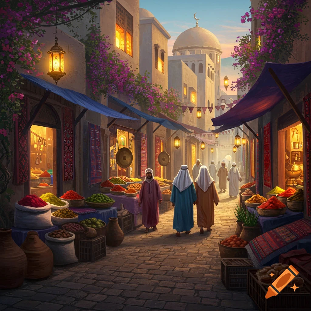 Vibrant illustration of a bustling Middle Eastern marketplace at sunset, with people, spice stalls, lanterns, and a mosque.