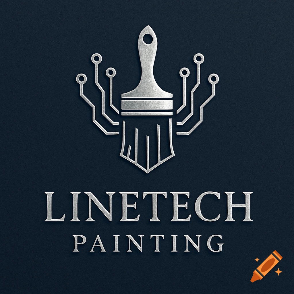 Silver metallic logo featuring a paint brush with circuit board lines, above 'LINETECH PAINTING' text on a dark background.
