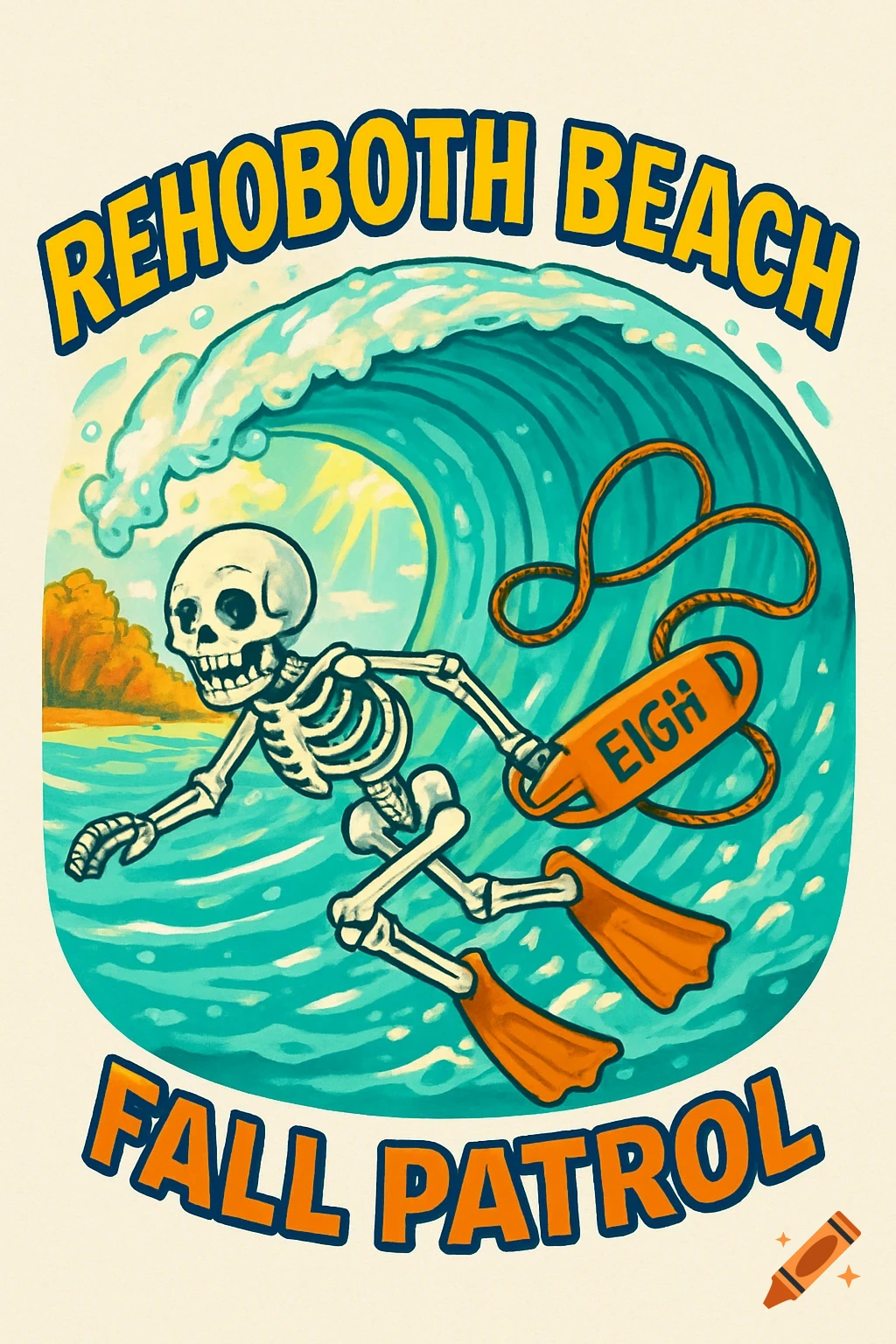 A colorful cartoon illustration of a skeleton wearing orange fins and holding a rescue buoy with 'EIGH' written on it, diving under a large wave. Text above reads 'REHOBOTH BEACH' and text below reads 'FALL PATROL'.