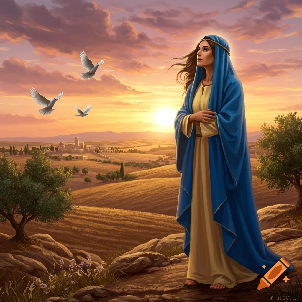 A woman in blue and yellow robes stands on a hill looking up at the sky, with three doves flying above a village at sunset.