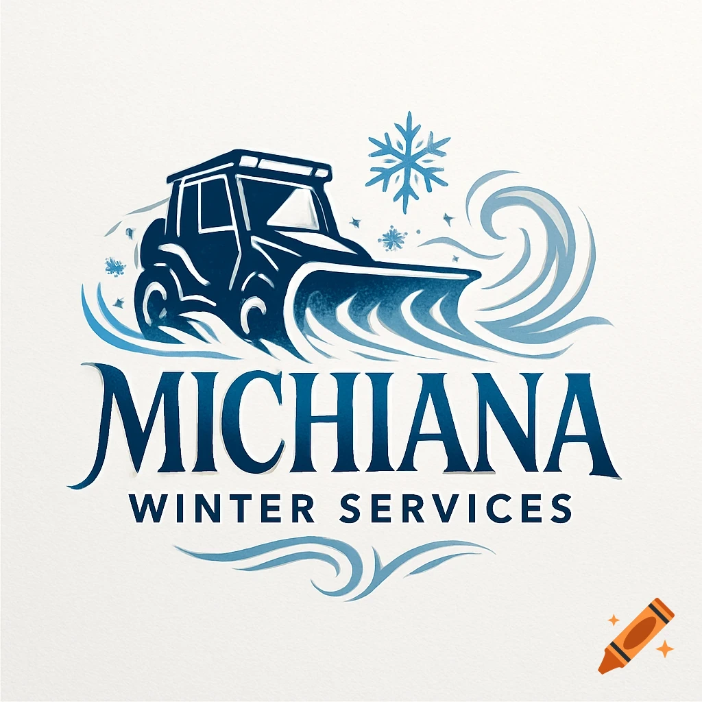 Logo for Michiana Winter Services featuring a snow plow, snowflakes, and swirling snow.