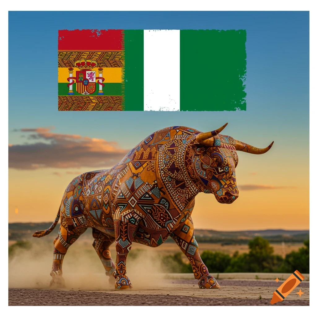 Ornate bull statue with flags of Spain and Nigeria under a sunset sky.