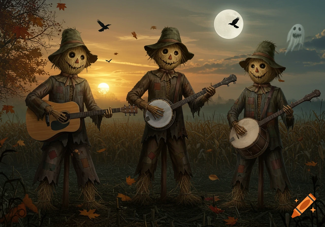 Three spooky scarecrows play acoustic instruments in a field at sunset, with a full moon and a ghost in the sky.