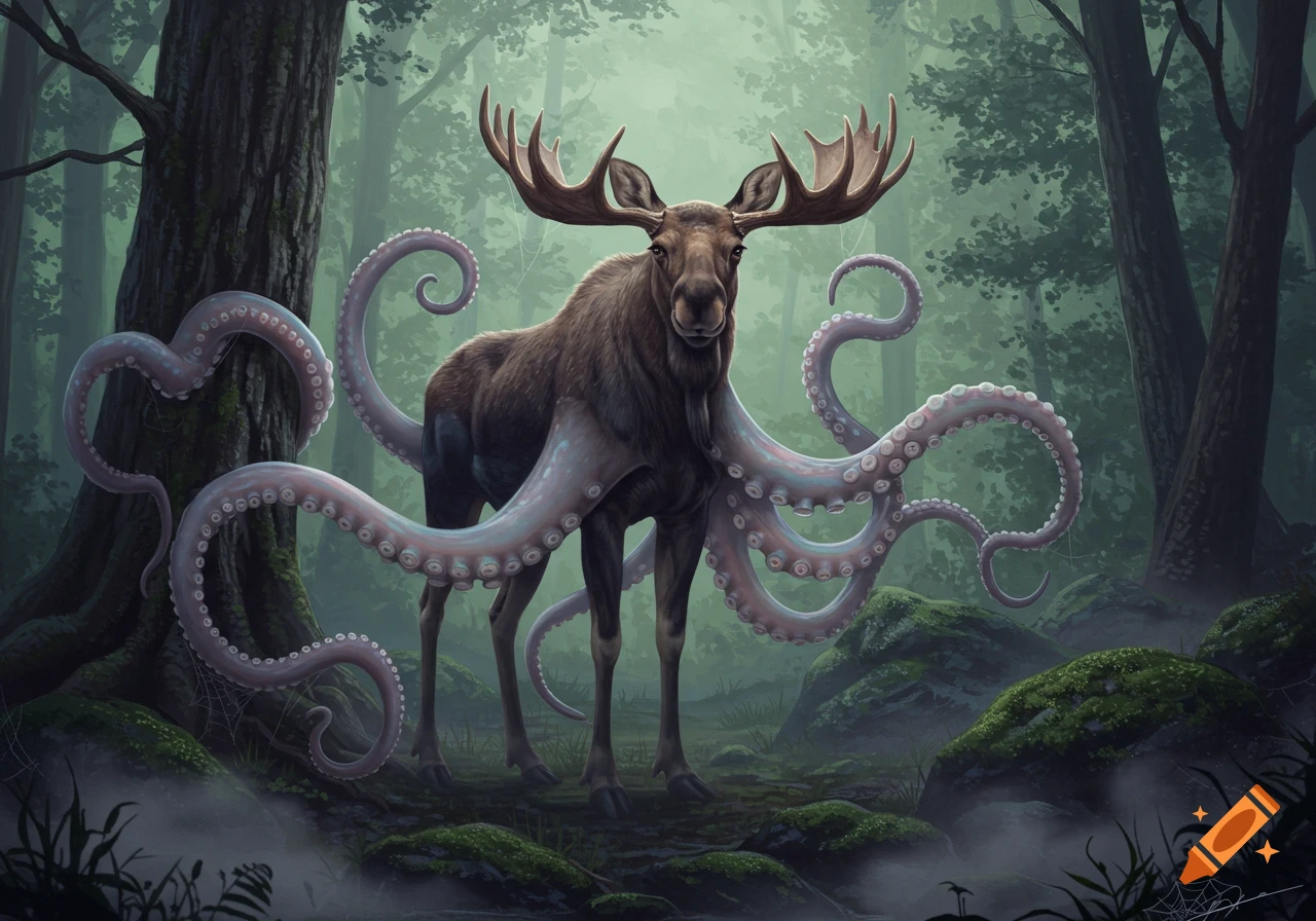 A fantastical moose with octopus tentacles standing in a misty forest.