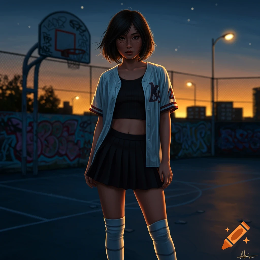 A dark-haired girl with freckles in a crop top, unbuttoned baseball jersey, pleated skirt, and knee socks stands on a basketball court at sunset.