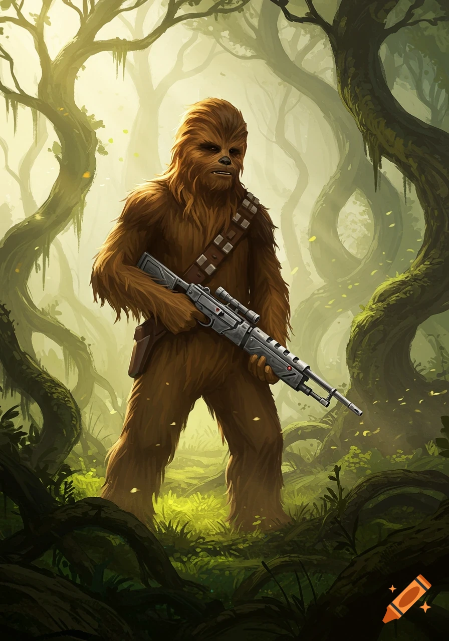 A brown furry Wookie, Chewbacca, stands in a lush, sun-dappled green jungle, holding a large blaster rifle.