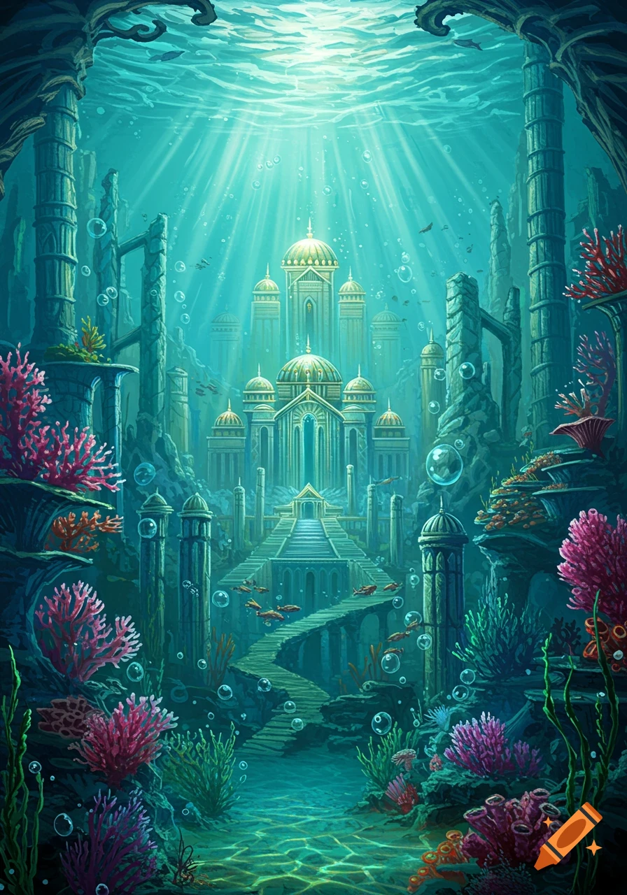 Vibrant illustration of the lost underwater city of Atlantis, with ornate buildings, coral, and fish, bathed in luminous sunbeams.