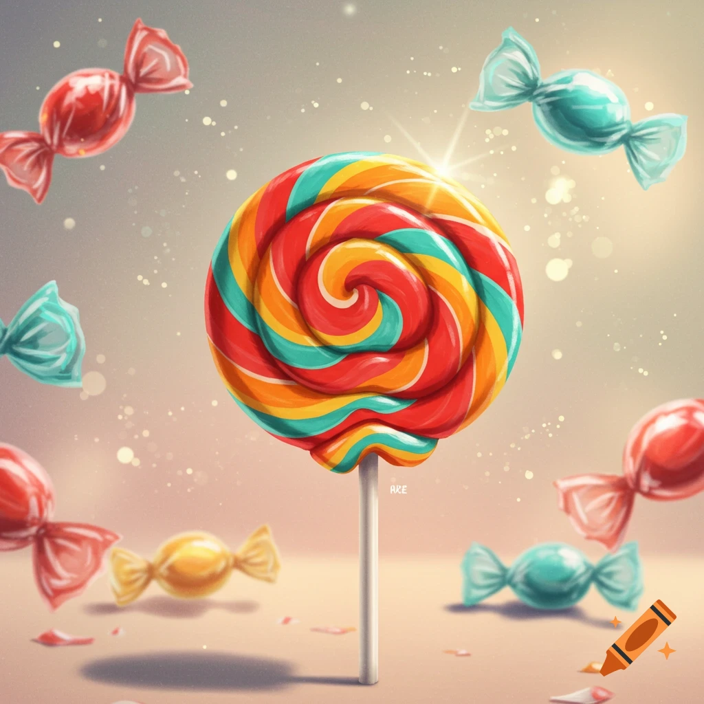 A colorful lollipop with a swirl pattern, surrounded by wrapped candies floating in a soft, magical background.