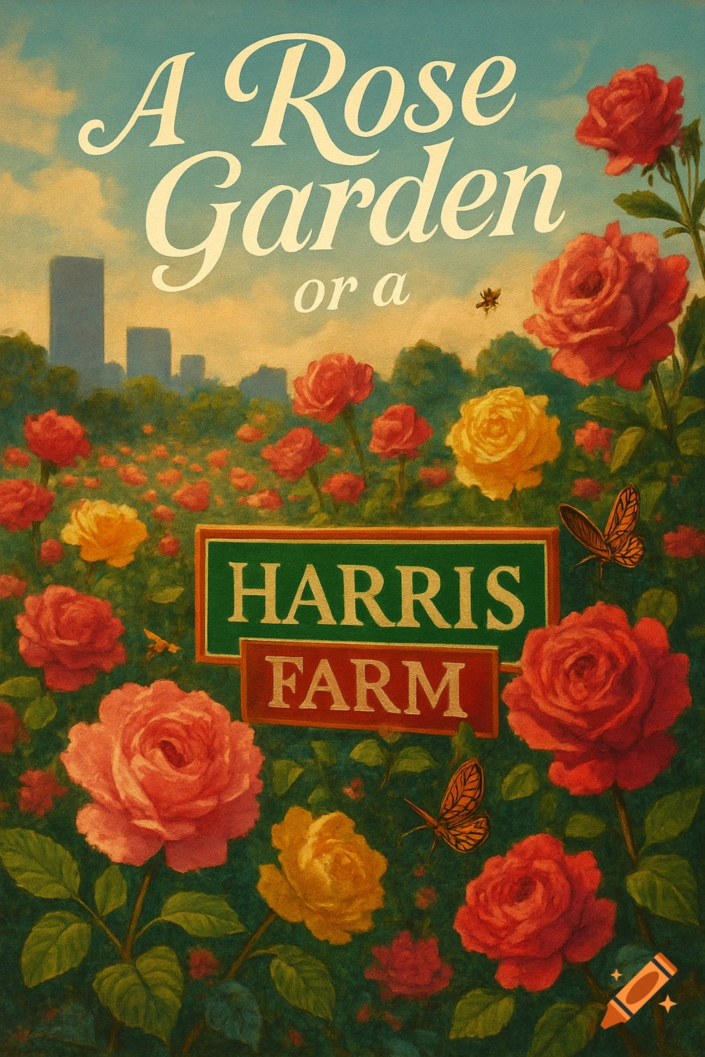 A vintage-style poster depicting a lush rose garden with a city skyline in the background, featuring text 'A Rose Garden or a HARRIS FARM' on signs and in the sky.