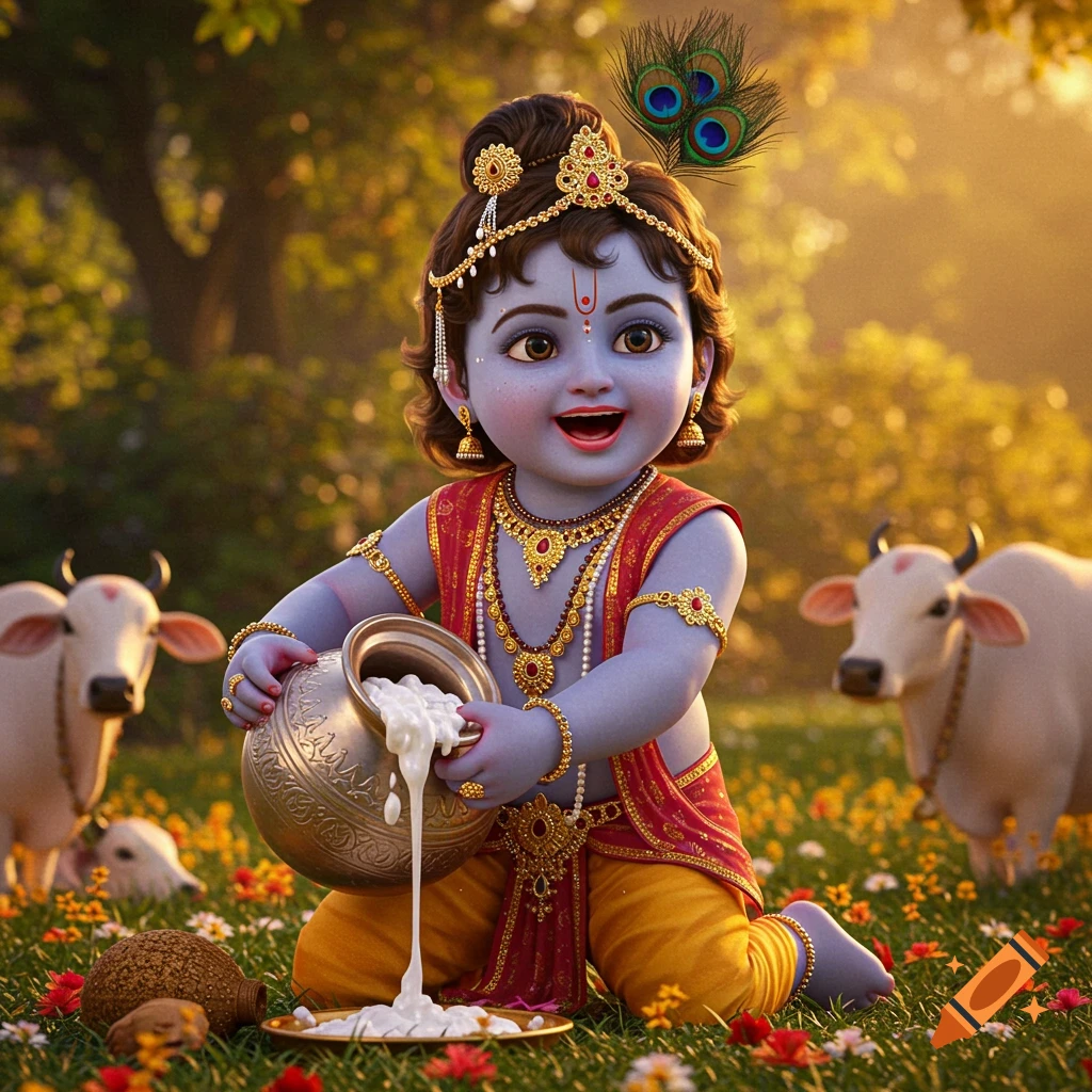 A smiling cartoon Bal Krishna, with blue skin and gold jewelry, spills butter from a pot in a field with cows and flowers.