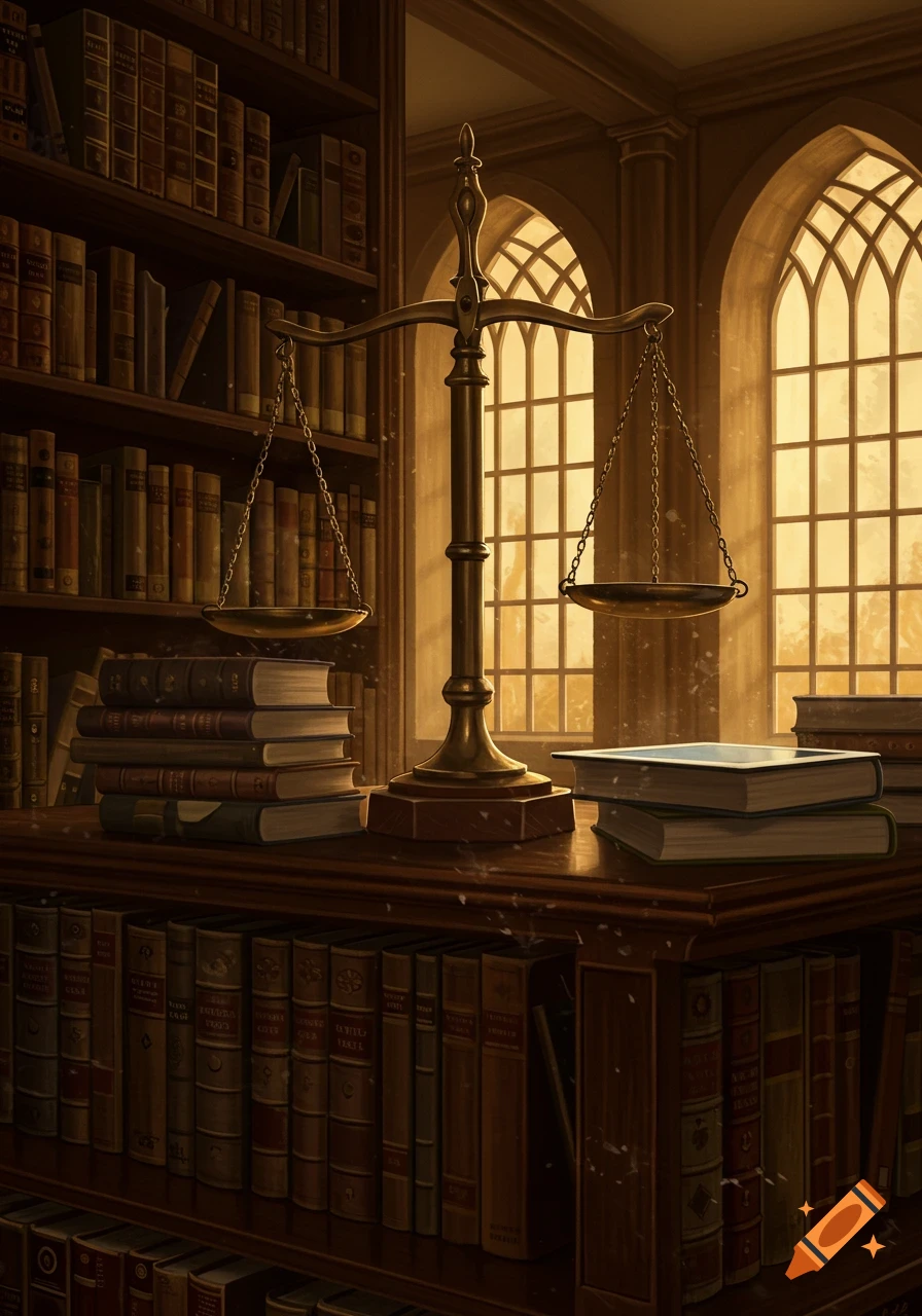 An old library or study with a bronze scale of justice on a wooden table, surrounded by bookshelves filled with books and tall arched windows casting a warm light.
